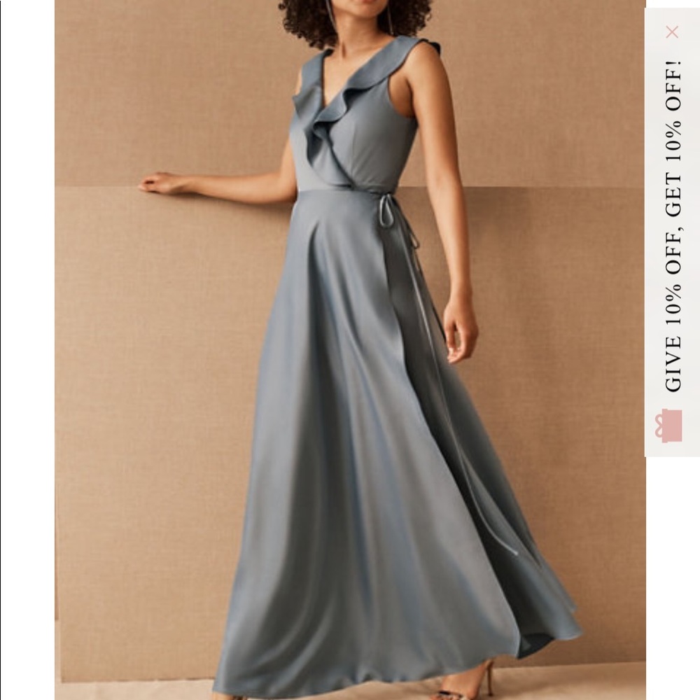 Tansy satin charmeuse maxi BHLDN dusty blue bridesmaid dress